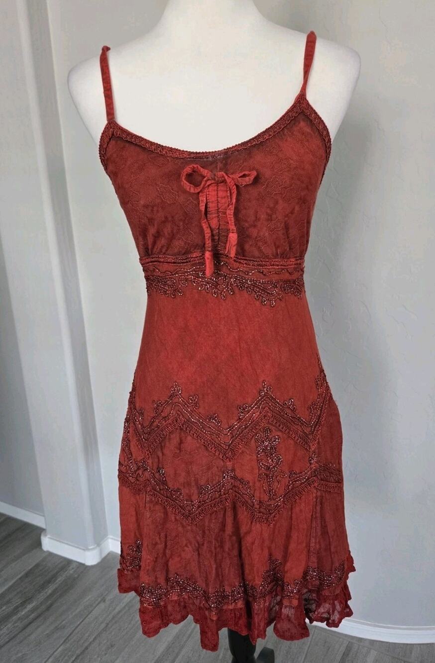 Sakkas Boho Stonewashed Embroidered Festival Red Sundress Adjustable Straps S/M
